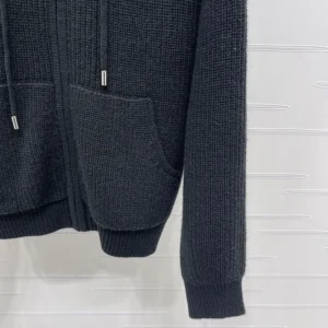 Celine Women Hooded Cardigan In Ribbed Wool-Black RY0JF0ZTQ