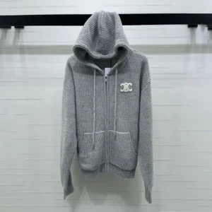 Celine Women Hooded Cardigan In Ribbed Wool-Grey RY0JF0ZTQ