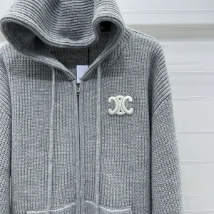 Celine Women Hooded Cardigan In Ribbed Wool-Grey RY0JF0ZTQ