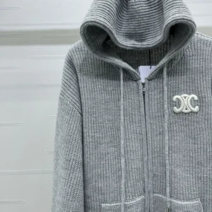 Celine Women Hooded Cardigan In Ribbed Wool-Grey RY0JF0ZTQ