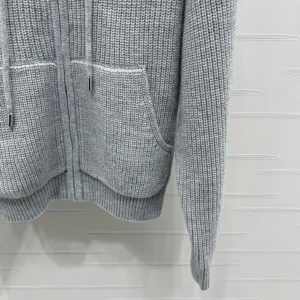 Celine Women Hooded Cardigan In Ribbed Wool-Grey RY0JF0ZTQ