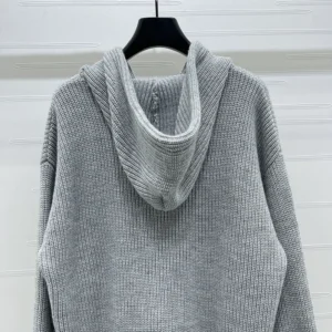 Celine Women Hooded Cardigan In Ribbed Wool-Grey RY0JF0ZTQ