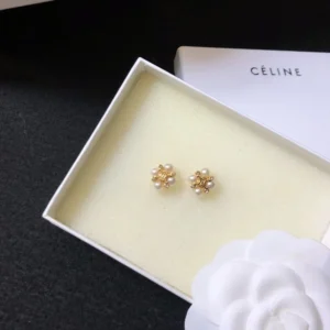 Celine Women Les Perles Celine Studs in Strass esin Pearls and Brass with Gold Finish