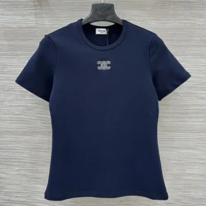 Celine Women Triomphe T-Shirt In Ribbed Cotton Jersey-Navy RX0IX1407
