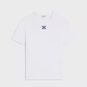 Celine Women Triomphe T-Shirt In Ribbed Cotton Jersey-White RX0IX1407