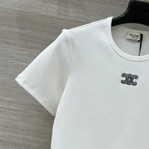 Celine Women Triomphe T-Shirt In Ribbed Cotton Jersey-White RX0IX1407