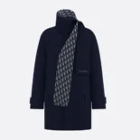 Dior Women Coat with Scarf Collar Navy Blue Double-Sided Virgin Wool and Silk