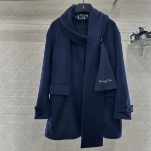 Dior Women Coat with Scarf Collar Navy Blue Double-Sided Virgin Wool and Silk