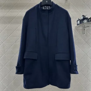 Dior Women Coat with Scarf Collar Navy Blue Double-Sided Virgin Wool and Silk