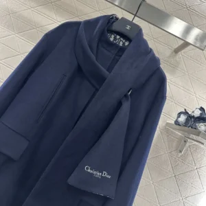 Dior Women Coat with Scarf Collar Navy Blue Double-Sided Virgin Wool and Silk