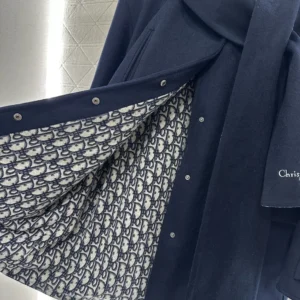 Dior Women Coat with Scarf Collar Navy Blue Double-Sided Virgin Wool and Silk