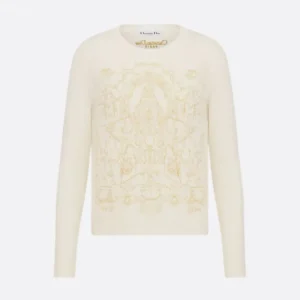 Dior Women Embroidered Sweater Ecru Cashmere Knit with Gold-Tone Dioresque Stella Motif