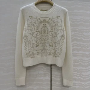 Dior Women Embroidered Sweater Ecru Cashmere Knit with Gold-Tone Dioresque Stella Motif