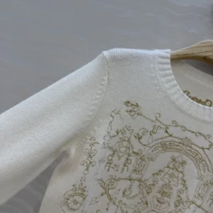 Dior Women Embroidered Sweater Ecru Cashmere Knit with Gold-Tone Dioresque Stella Motif