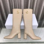 Dior Women Logo Knee-High Boot In Light Beige Calfskin with Gold-Tone Accents