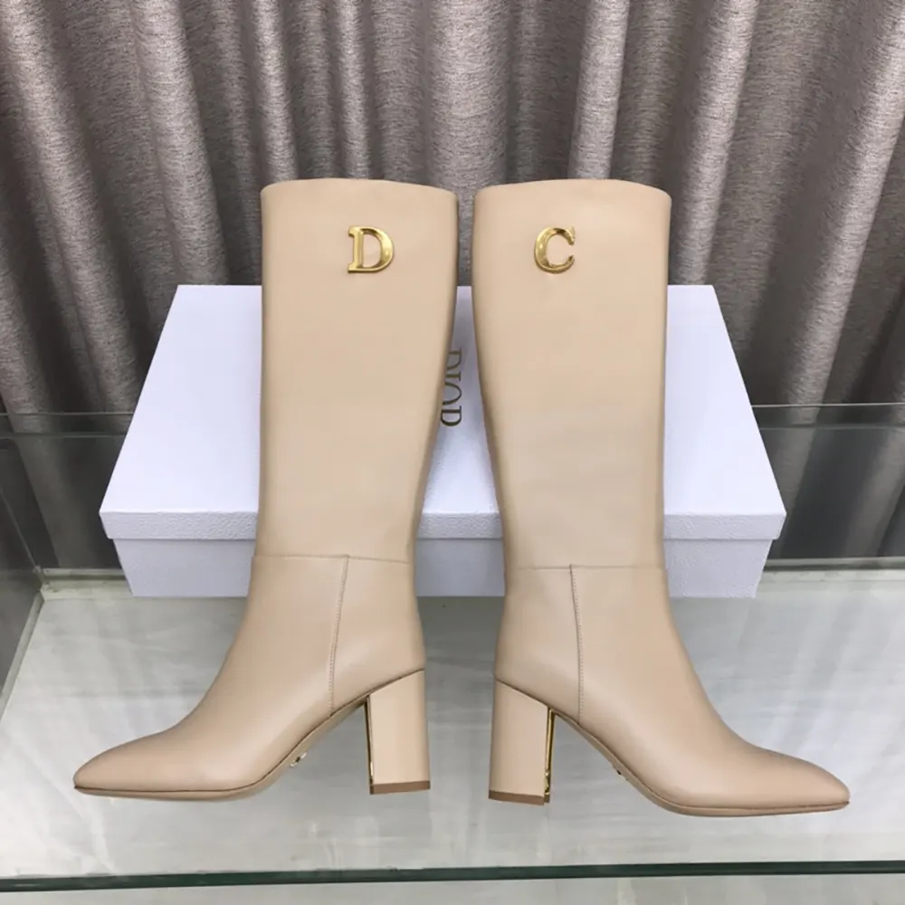 Dior Women Logo Knee-High Boot In Light Beige Calfskin with Gold-Tone Accents
