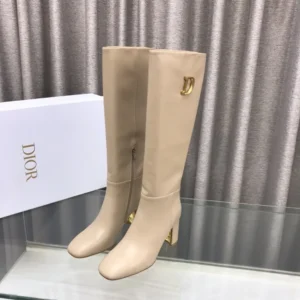 Dior Women Logo Knee-High Boot In Light Beige Calfskin with Gold-Tone Accents