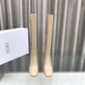 Dior Women Logo Knee-High Boot In Light Beige Calfskin with Gold-Tone Accents