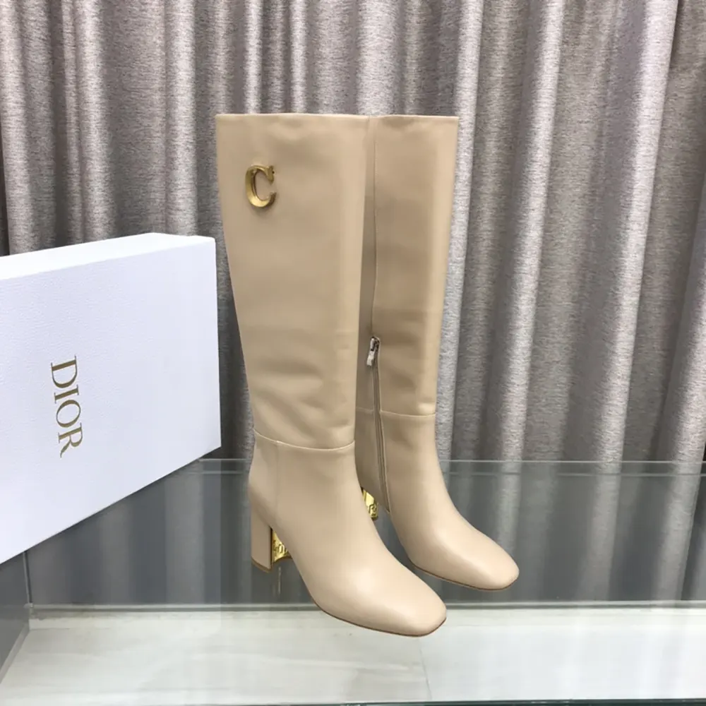 Dior Women Logo Knee-High Boot In Light Beige Calfskin with Gold-Tone Accents