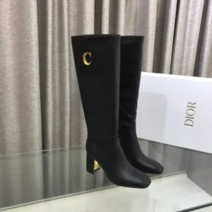Dior Women Logo Knee-High Boot in Black Calfskin with Gold-Tone Accents