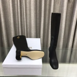 Dior Women Logo Knee-High Boot in Black Calfskin with Gold-Tone Accents