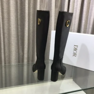 Dior Women Logo Knee-High Boot in Black Calfskin with Gold-Tone Accents