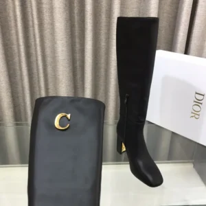 Dior Women Logo Knee-High Boot in Black Calfskin with Gold-Tone Accents