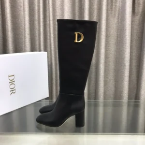 Dior Women Logo Knee-High Boot in Black Calfskin with Gold-Tone Accents