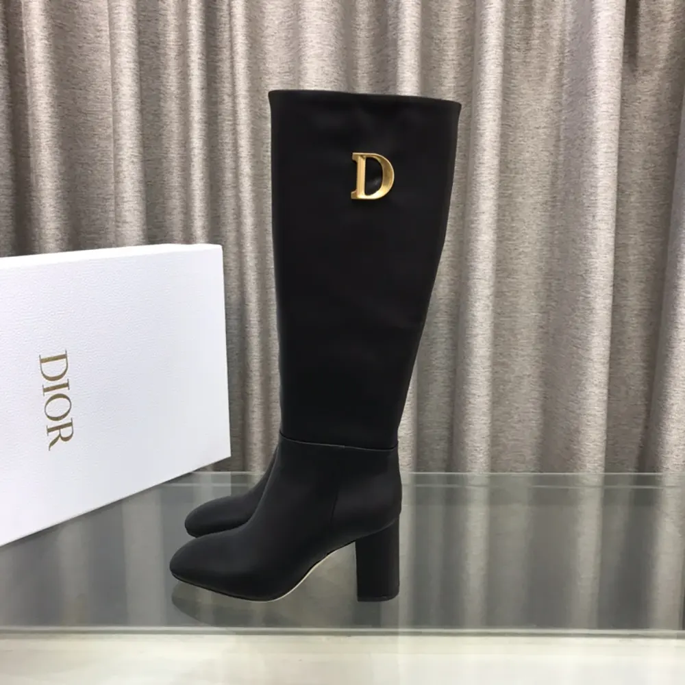 Dior Women Logo Knee-High Boot in Black Calfskin with Gold-Tone Accents