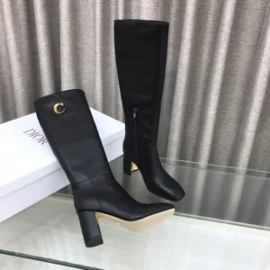 Dior Women Logo Knee-High Boot in Black Calfskin with Gold-Tone Accents