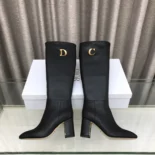 Dior Women Logo Knee-High Boot in Black Calfskin with Gold-Tone Accents