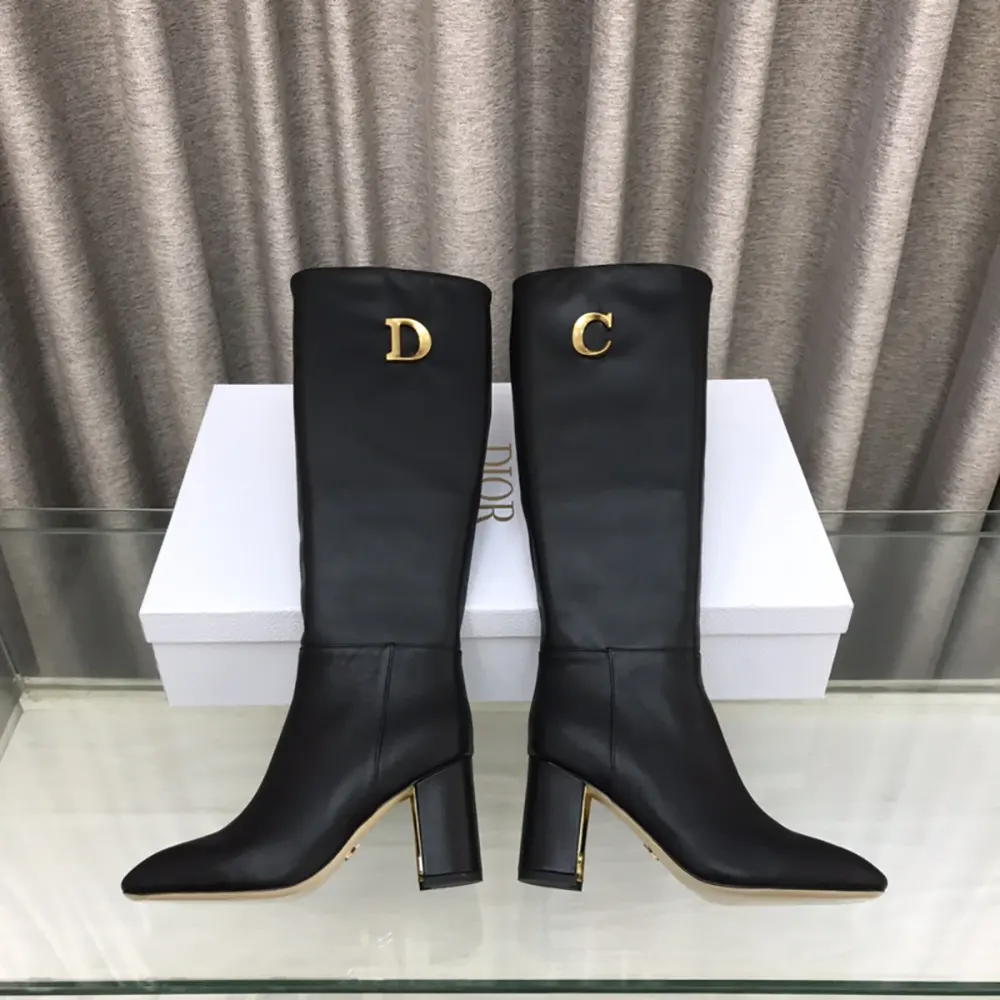 Dior Women Logo Knee-High Boot in Black Calfskin with Gold-Tone Accents