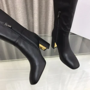 Dior Women Logo Knee-High Boot in Black Calfskin with Gold-Tone Accents