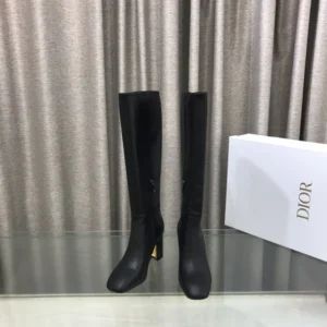 Dior Women Logo Knee-High Boot in Black Calfskin with Gold-Tone Accents