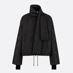 Dior Women Macrocannage Coat with Scarf Collar Black Quilted Technical Taffeta