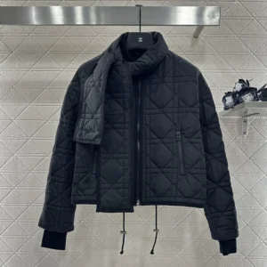 Dior Women Macrocannage Coat with Scarf Collar Black Quilted Technical Taffeta