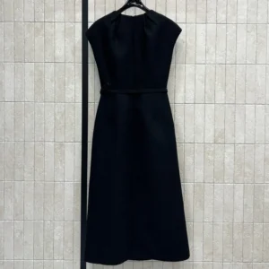Dior Women Mid-Length Belted Dress Black Virgin Wool-Cotton-Blend Bouclé