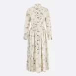 Dior Women Mid-Length Belted Shirtdress Beige Silk Twill with Multicolor Butterflies & Iris Motif