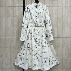 Dior Women Mid-Length Belted Shirtdress Beige Silk Twill with Multicolor Butterflies & Iris Motif
