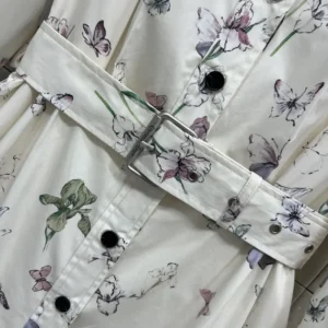 Dior Women Mid-Length Belted Shirtdress Beige Silk Twill with Multicolor Butterflies & Iris Motif