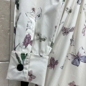 Dior Women Mid-Length Belted Shirtdress Beige Silk Twill with Multicolor Butterflies & Iris Motif