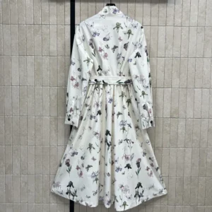 Dior Women Mid-Length Belted Shirtdress Beige Silk Twill with Multicolor Butterflies & Iris Motif