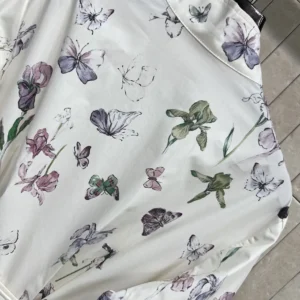 Dior Women Mid-Length Belted Shirtdress Beige Silk Twill with Multicolor Butterflies & Iris Motif