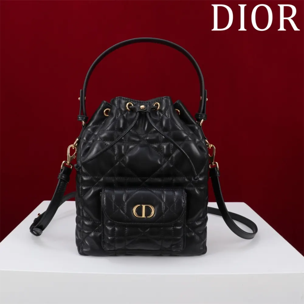 Dior Women Small Dior Caro Bucket Bag Black Macrocannage Lambskin