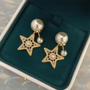 Dior Women Tribales Earrings Pale Gold-Finish Metal White Resin Pearls and Silver-Tone Crystals