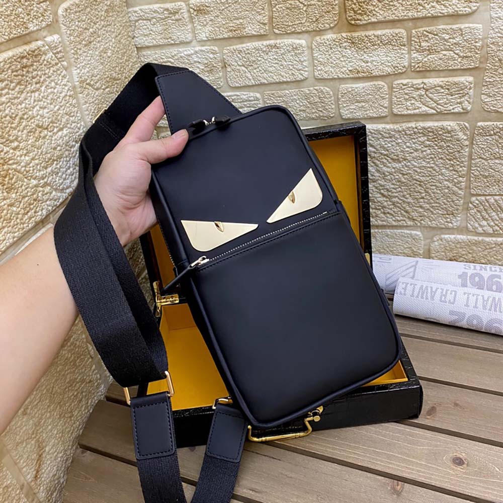 Fendi Men Monster Sling Bag Nylon And Leather Medium Crossbody Bag In Black