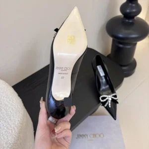 Jimmy Choo Women Auria 70mm Black Soft Spazzolato Pumps with Velvet and Crystal Bow