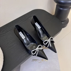 Jimmy Choo Women Auria 70mm Black Soft Spazzolato Pumps with Velvet and Crystal Bow