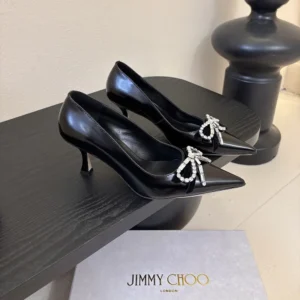 Jimmy Choo Women Auria 70mm Black Soft Spazzolato Pumps with Velvet and Crystal Bow
