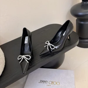 Jimmy Choo Women Auria 70mm Black Soft Spazzolato Pumps with Velvet and Crystal Bow